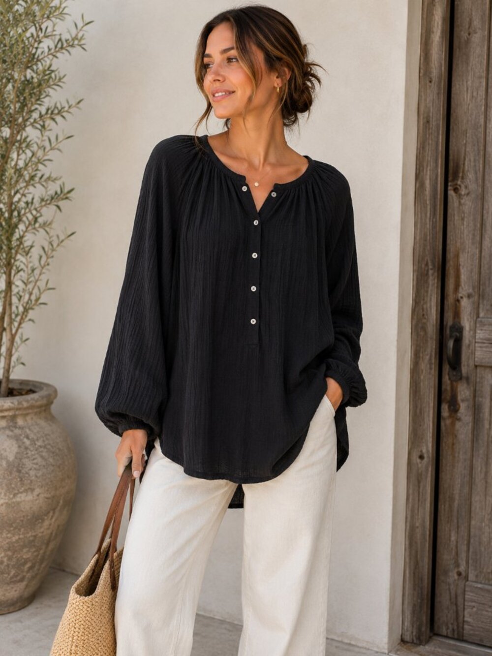 GAP Womens Small Black Crinkle Gauze Button Front Peasant Blouse 100% Cotton
